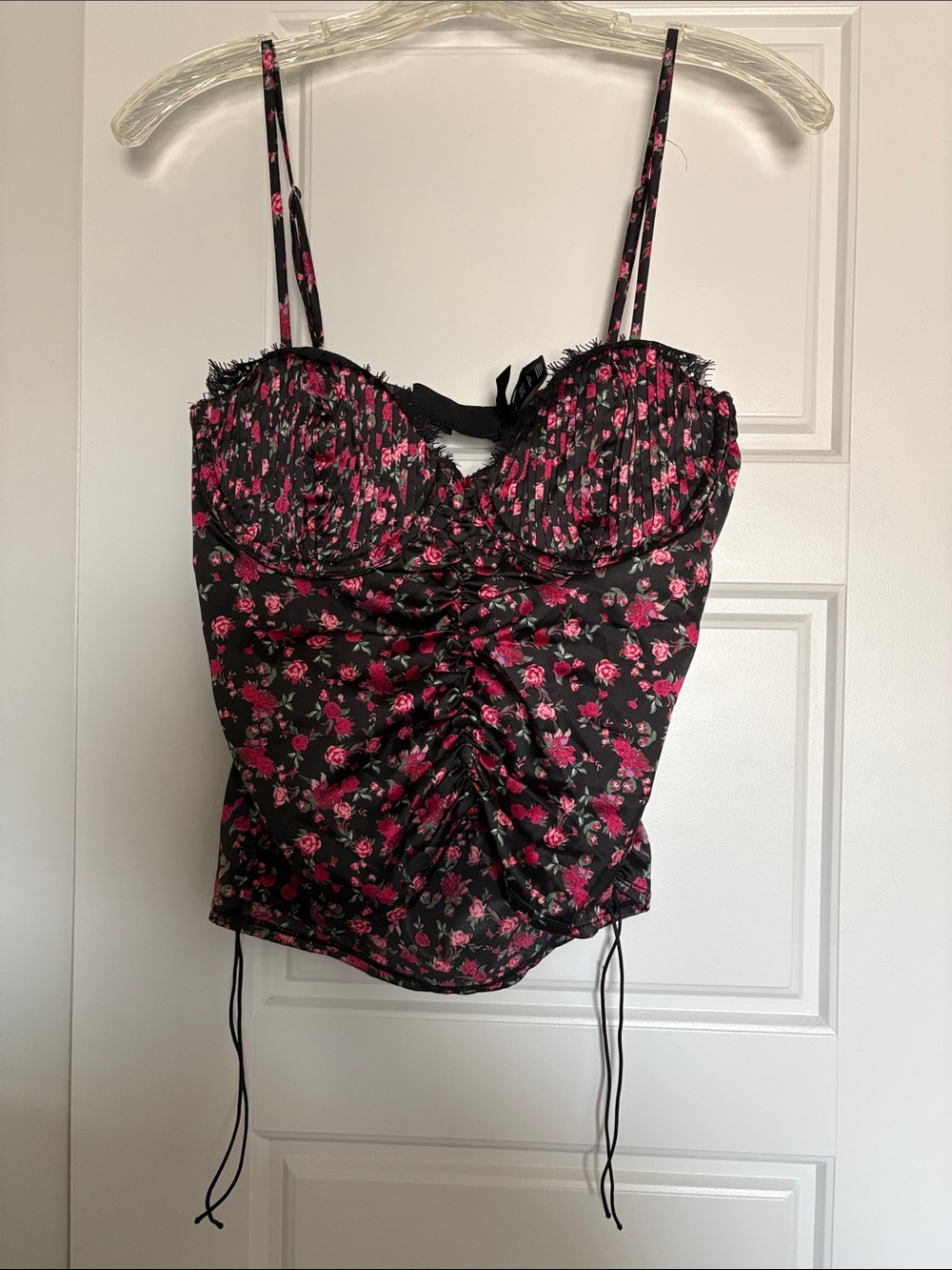 For Love and Lemons Black Floral Ruched Bustier Tank Top - Pink Rose Print